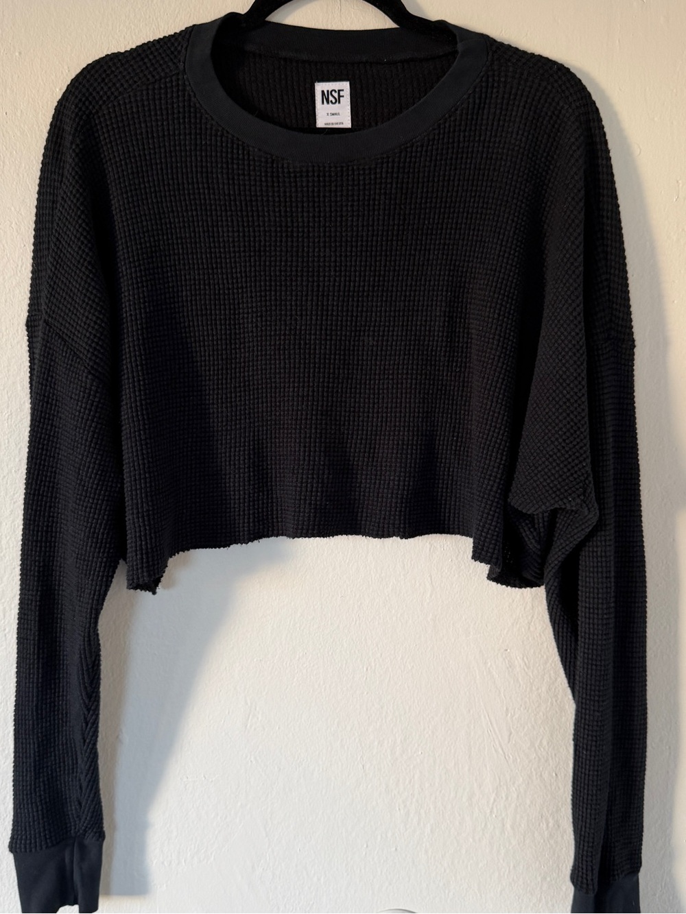 NSF Black Cropped Waffle-Knit Long Sleeve Top